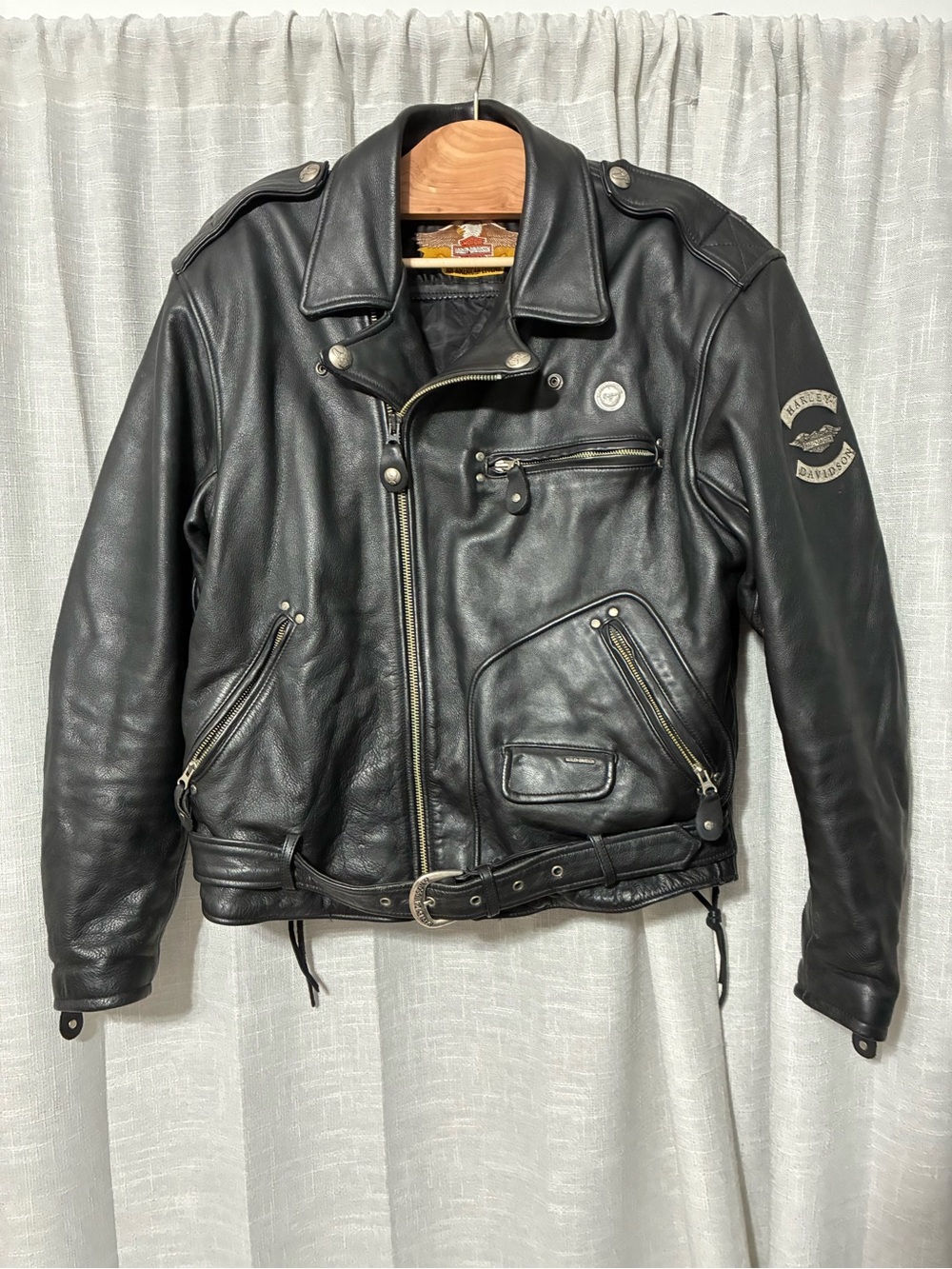 Harley-Davidson Black Leather Motorcycle Jacket, rare embossed back